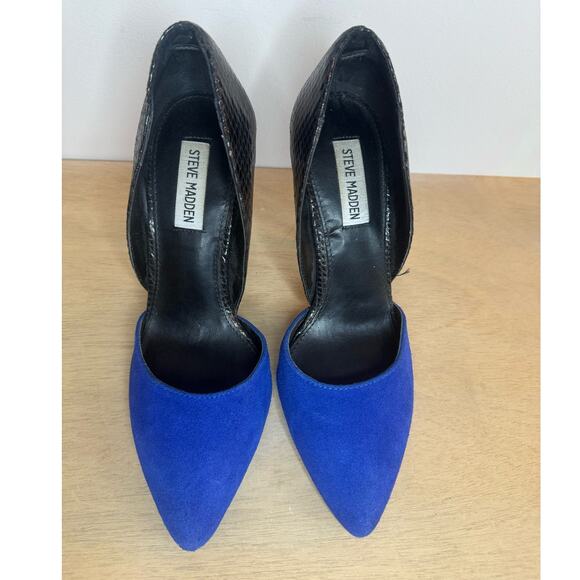 Steve Madden Giddy Womens 8.5 Black Leather Blue Suede Heels PointedToe Stiletto - Picture 4 of 6